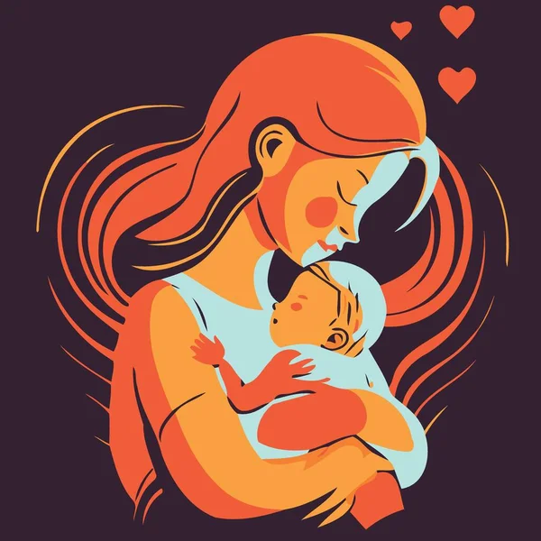 Yetişkin bir kadın anneler gününü ya da annelik minimalist vektör illüstrasyonunu göstermek için bebeğini sevgiyle tutuyor.