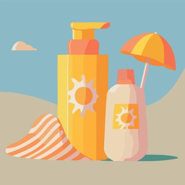 Plajda güneş kremi tencereleri Minimalist vektör çizimi