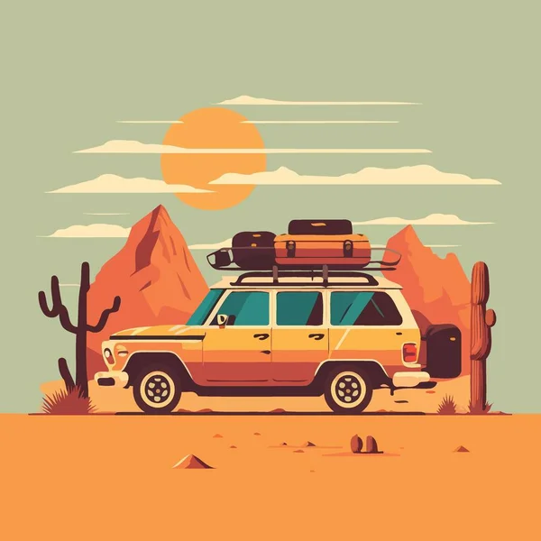 Κλασικό Αυτοκίνητο Βαλίτσες Που Ταξιδεύουν Στην Έρημο Στο Ηλιοβασίλεμα Διανυσματική — Διανυσματικό Αρχείο