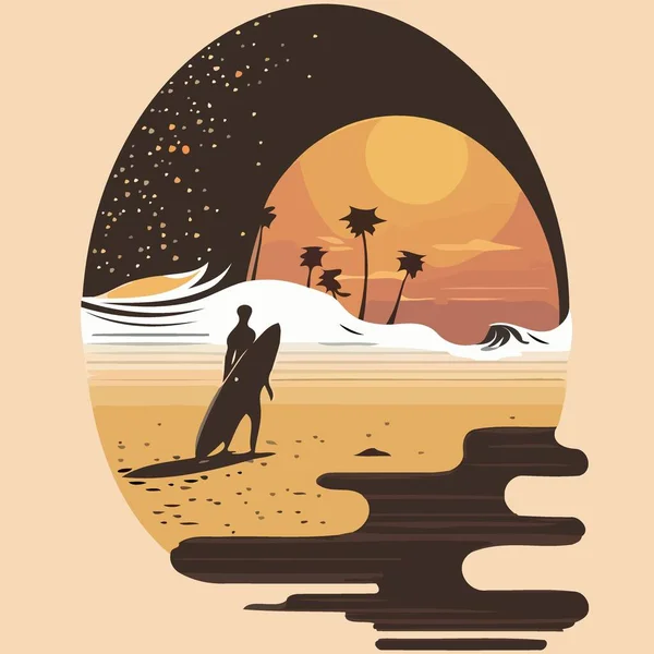 Καλλιτεχνική Σκηνή Παραλία Surfer Πρόσωπο Στο Ηλιοβασίλεμα Διανυσματική Απεικόνιση — Διανυσματικό Αρχείο