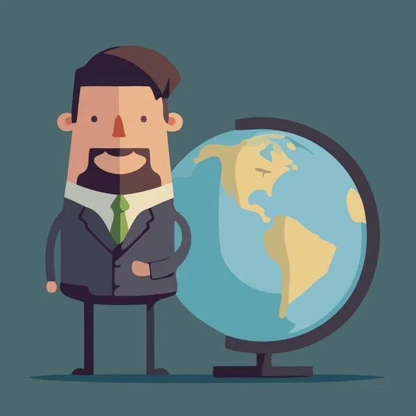 stock vector man in a suit next to a globe of the planet earth minimalist vector illustration