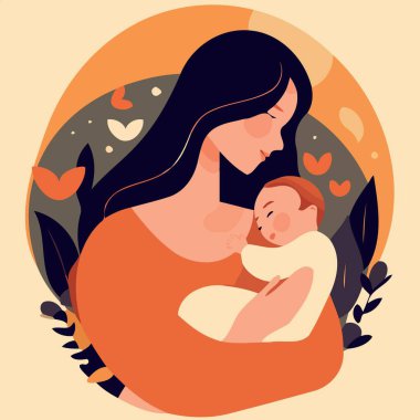 Anneler Günü kadını kucağında sevgi dolu minimalist vektör çizimi ile bebeği tutuyor.