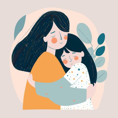 Anneler Günü Kadını, kızının minimalist vektör illüstrasyonuna sarıldı