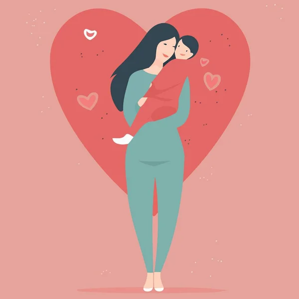 Mothers Day Woman Hugging Daughter Minimalist Vector Illustration — Stock Vector