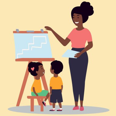 Öğretmenler Günü kadın siyahi öğretmen ve iki çocuk minimalist vektör çizimi