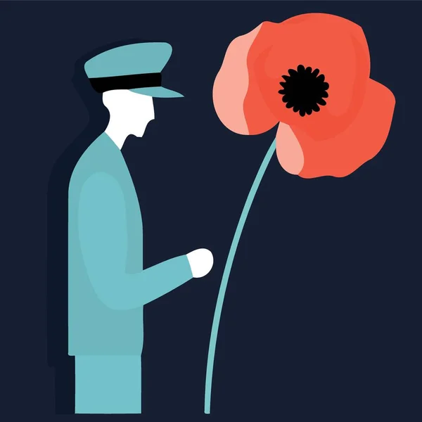 赤ケシの花のミニマリストベクトルイラストの横に軍事疲労を身に着けている退役軍人 — ストックベクタ