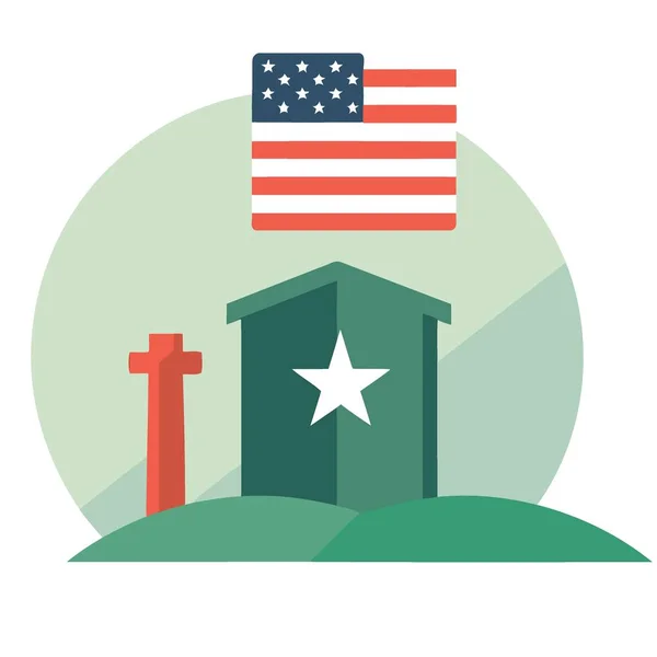 Sepultura Cemitério Com Flores Vermelhas Bandeira Dos Estados Unidos Ilustração —  Vetores de Stock