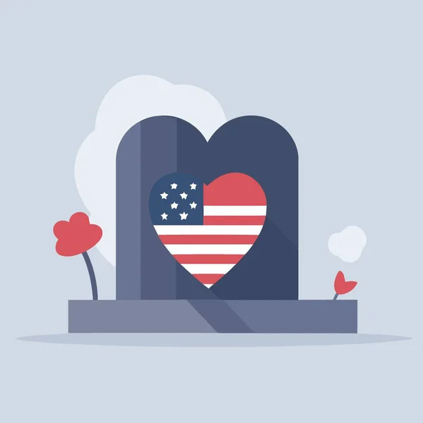 墓地にある赤い花とアメリカの国旗のミニマリスト ベクトル イラスト — ストックベクタ
