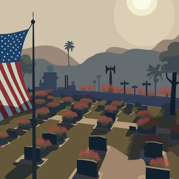 阵亡将士纪念日期间的墓地 上面有美国国旗飘扬 红色花朵 简约的矢量插图 — 图库矢量图片