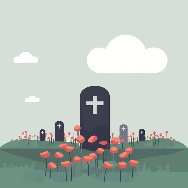 Grób Cmentarzu Czerwonymi Kwiatami Minimalistyczny Wektor Ilustracja — Wektor stockowy