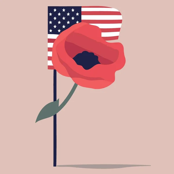 Birleşik Devletler Bayrağıyla Kırmızı Haşhaş Çiçeği Minimalist Vektör Illüstrasyonu — Stok Vektör