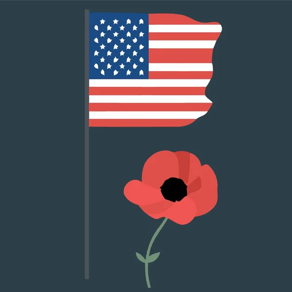 Flor Amapola Roja Con Bandera Los Estados Unidos Ilustración Vectorial — Vector de stock