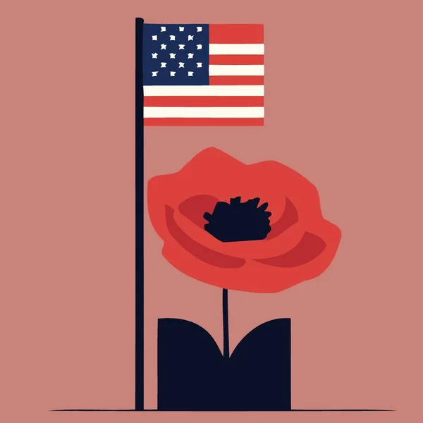 Birleşik Devletler Bayrağıyla Kırmızı Haşhaş Çiçeği Minimalist Vektör Illüstrasyonu — Stok Vektör