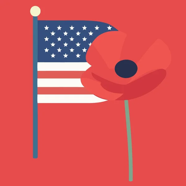 Rote Mohnblume Mit Der Flagge Der Vereinigten Staaten Minimalistische Vektorillustration — Stockvektor