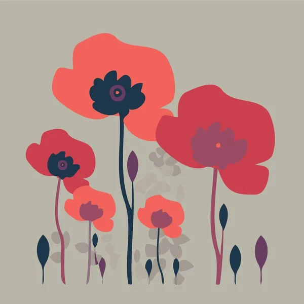 Fondo Con Flores Amapola Roja Ilustración Vectorial Minimalista — Vector de stock