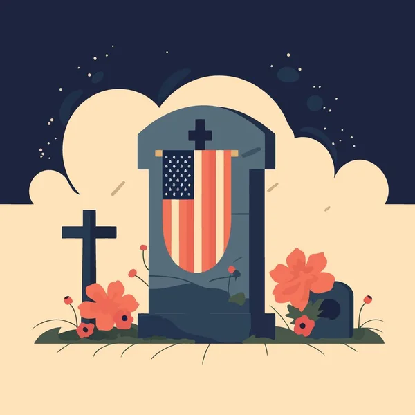 墓地にある赤い花とアメリカの国旗のミニマリスト ベクトル イラスト — ストックベクタ