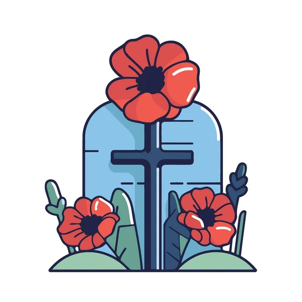 Flores Amapola Roja Cementerio Ilustración Vectorial Minimalista — Archivo Imágenes Vectoriales