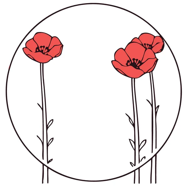 Ramka Czerwonym Makiem Kwiaty Minimalistyczny Wektor Ilustracja — Wektor stockowy