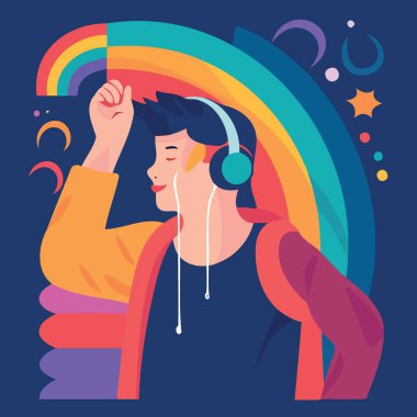 Man lgbt gurur gün ve ay gökkuşağı renkleri minimalist vektör illüstrasyonuyla