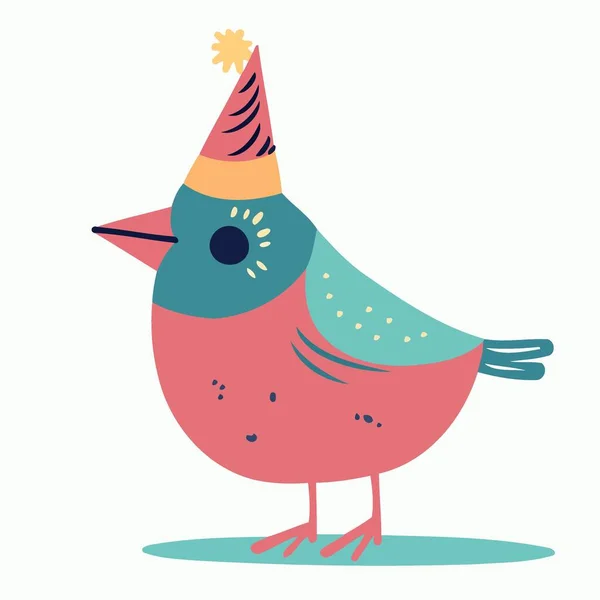 Kolorowy Mały Ptaszek Kapeluszu Urodziny Minimalistyczny Wektor Ilustracji — Wektor stockowy