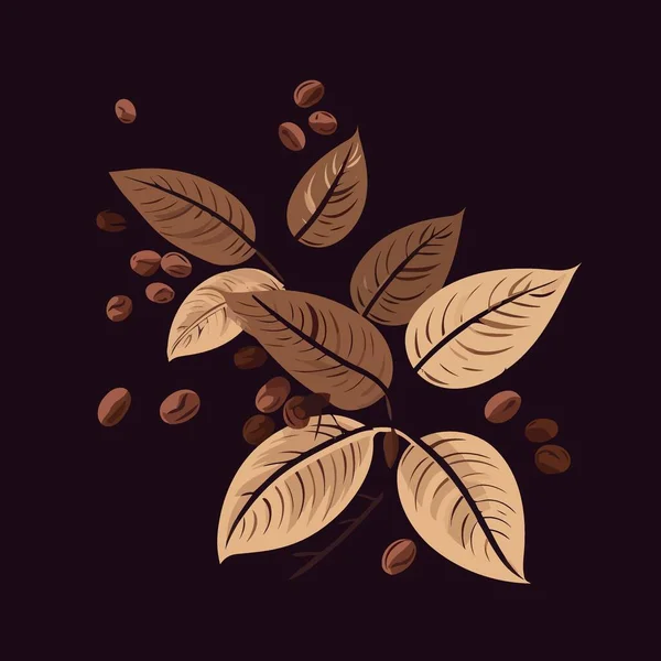 葉とコーヒー豆のミニマルなベクトルイラスト — ストックベクタ