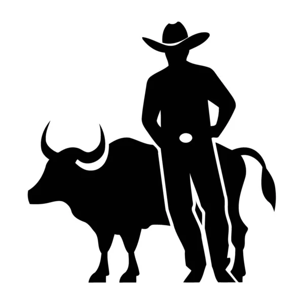 Cowboy Man Standing Next Bull Minimalist Vector Illustration — Stock Vector
