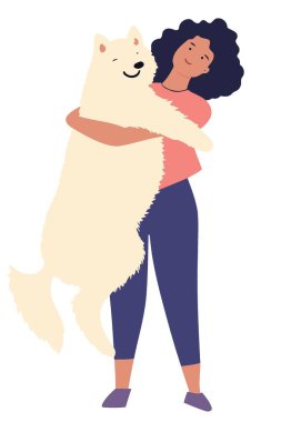Yetişkin bir kadın elinde dev bir beyaz köpek vektörü illüstrasyon minimalisti tutuyor.