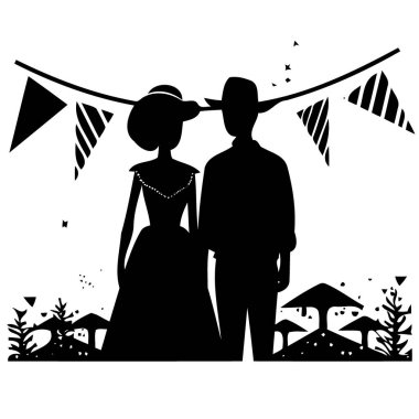 Arka planda flamaları olan çift Sao joao festa junina minimalist vektör illüstrasyonunun Brezilya kültür şenlik günü