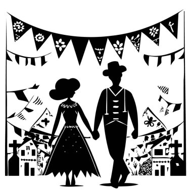 Arka planda flamaları olan çift Sao joao festa junina minimalist vektör illüstrasyonunun Brezilya kültür şenlik günü