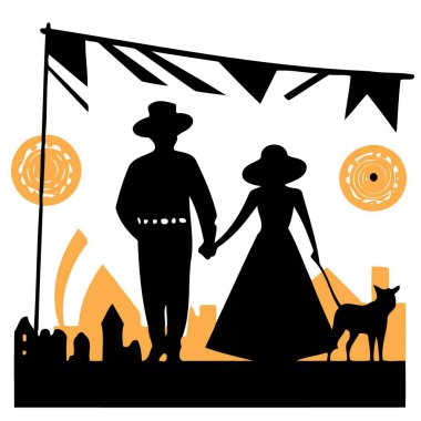 Arka planda flamaları olan çift Sao joao festa junina minimalist vektör illüstrasyonunun Brezilya kültür şenlik günü