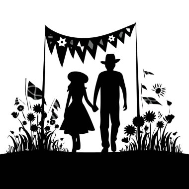 Arka planda flamaları olan çift Sao joao festa junina minimalist vektör illüstrasyonunun Brezilya kültür şenlik günü