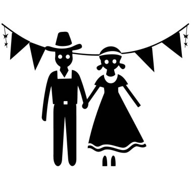 Arka planda flamaları olan çift Sao joao festa junina minimalist vektör illüstrasyonunun Brezilya kültür şenlik günü