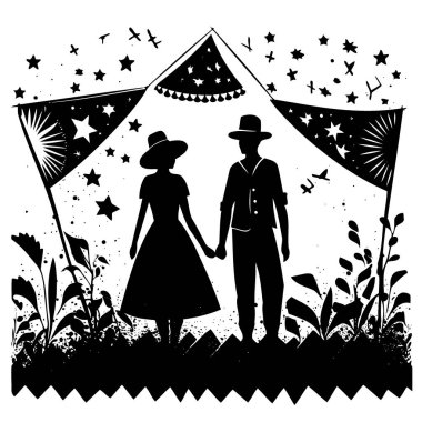 Arka planda flamaları olan çift Sao joao festa junina minimalist vektör illüstrasyonunun Brezilya kültür şenlik günü