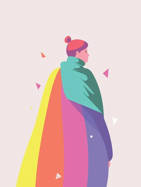 Woman Wearing Colorful Cape Represent Pride Day Pride Month Minimalist — Stock Vector