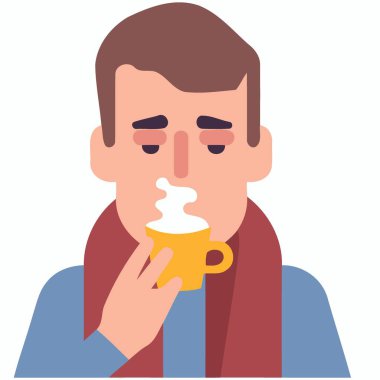 Fularlı ve fincanlı hasta adam minimalist vektör çizimi