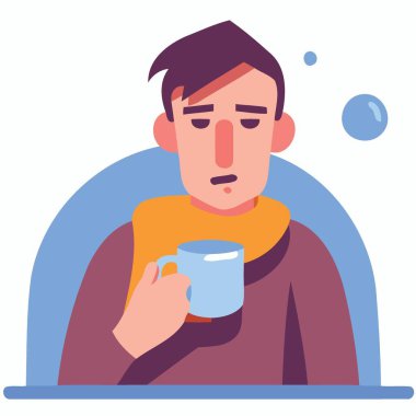 Fularlı ve fincanlı hasta adam minimalist vektör çizimi