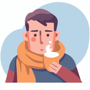 Fularlı ve fincanlı hasta adam minimalist vektör çizimi