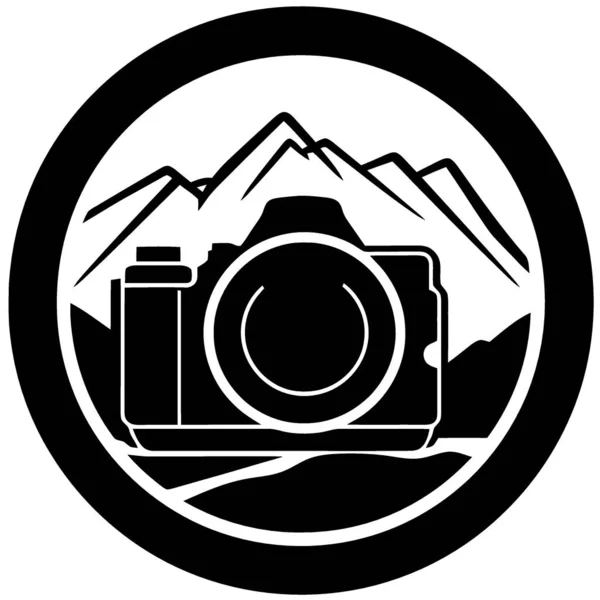 Arkaplanda Dağ Olan Fotoğraf Makinesi Logosu Minimalist Vektör Illüstrasyonu — Stok Vektör
