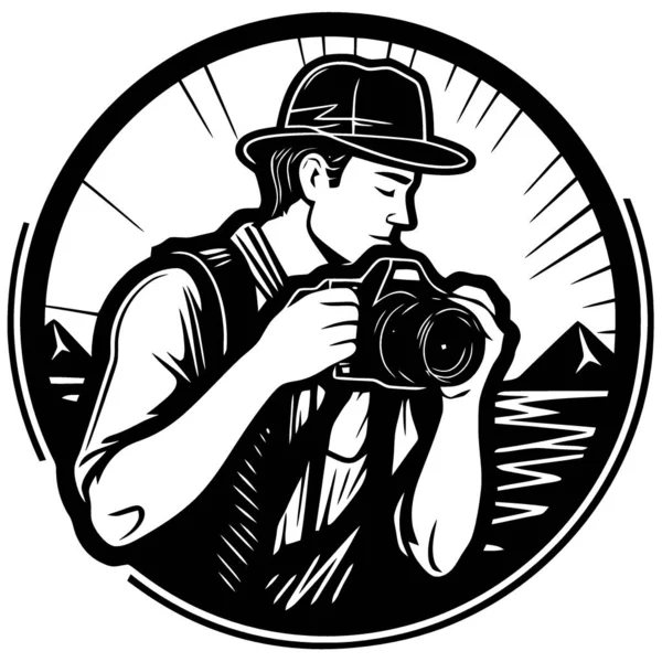 Logo Man Met Hoed Fotocamera Minimalistische Vector Illustratie — Stockvector