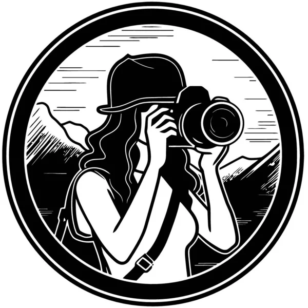 Logo Woman Holding Photo Camera Minimalist Vector Illustration — Stock Vector