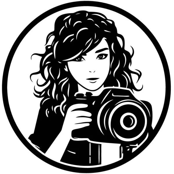 Logo Kobieta Trzyma Aparat Fotograficzny Minimalistyczny Wektor Ilustracji — Wektor stockowy