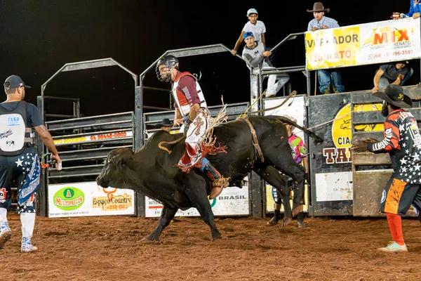 Stock image Itaja, Goias, Brazil - 04 22 2023: cowboy man riding a bull practicing bull riding at a rodeo