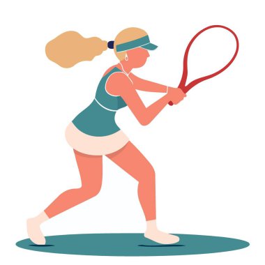 Raket minimalist vektör illüstrasyonuyla tenis oynayan sarışın beyaz kadın