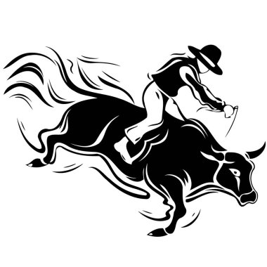 Rodeo boğasına binen kovboy adam siyah beyaz siluet minimalist vektör çizimine biniyor.