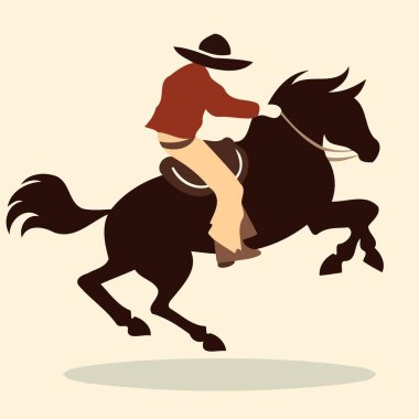 Kovboy adam siyah beyaz silueti süren rodeo atına biniyor.