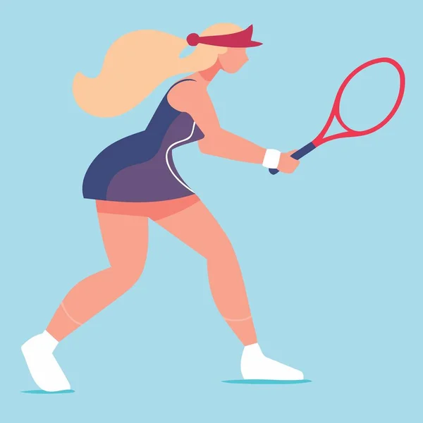 金发碧眼的白人女子打网球与球拍简约的矢量插图 — 图库矢量图片