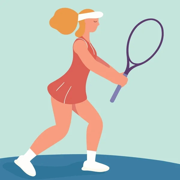 Blonde Weiße Frau Spielt Tennis Mit Schläger Minimalistische Vektorillustration — Stockvektor