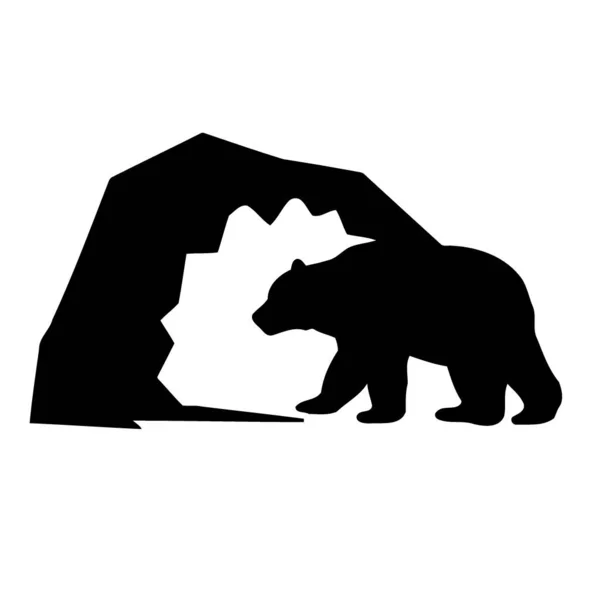Zvíře Savec Hnědý Medvěd Vstupující Jeskyně Černá Bílá Silueta Minimalistický — Stockový vektor