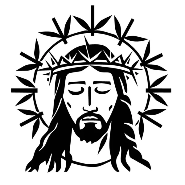 Christian Religious Figure Jesus Christ Crown Thorns Black White Minimalist — Stock Vector