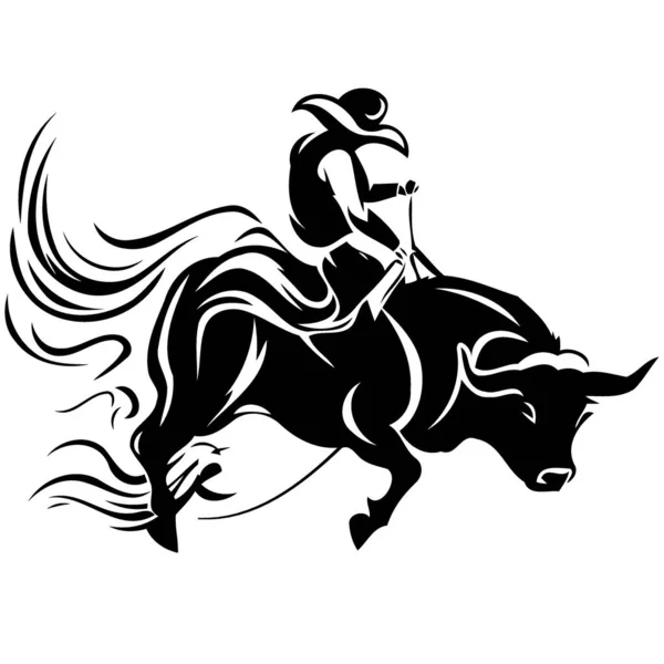 Vaqueiro Homem Montando Touro Touro Rodeio Equitação Preto Branco Silhueta — Vetor de Stock